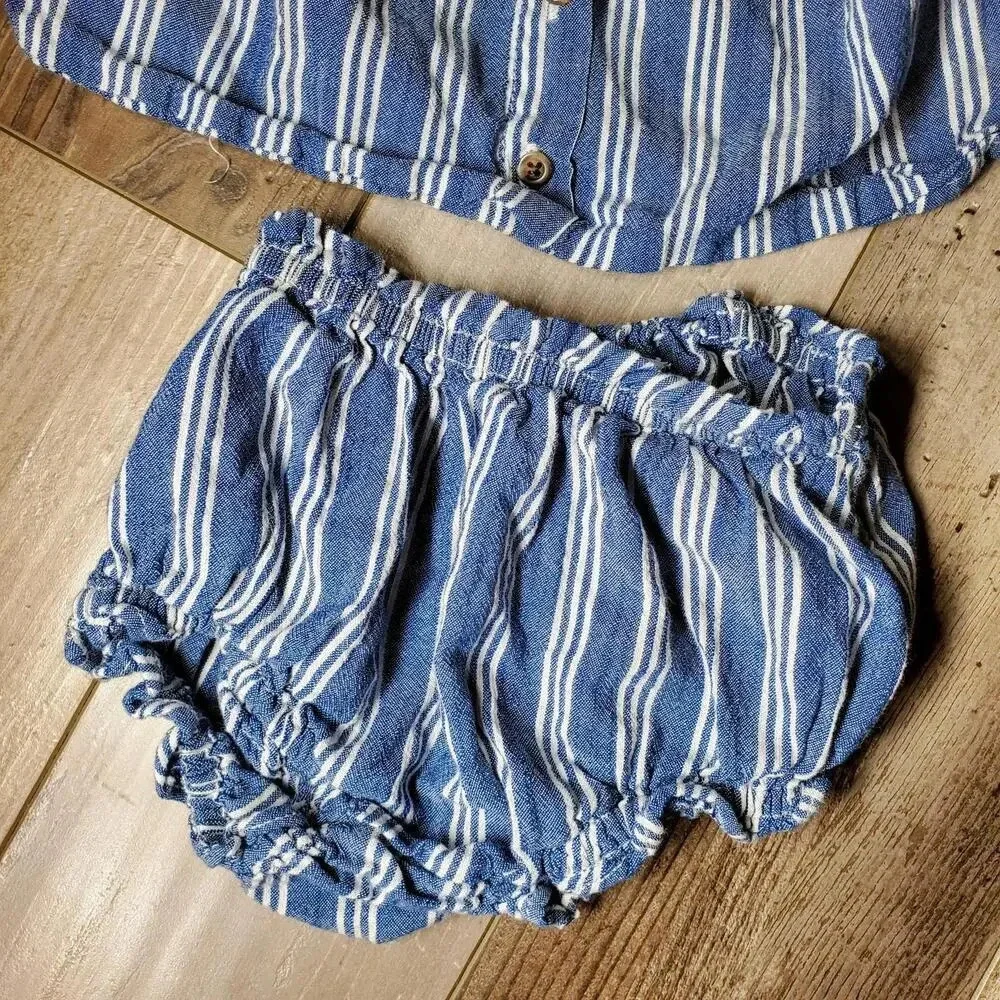 Old Navy Matching Blue & White Striped Summer Outfit Baby Girl Size 6-12M